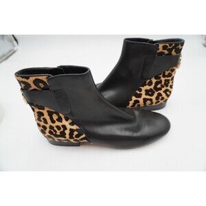 Michael Kors Mira Flat Women Sz 10M Black Leather Leopard Calf Hair Ankle Bootie
